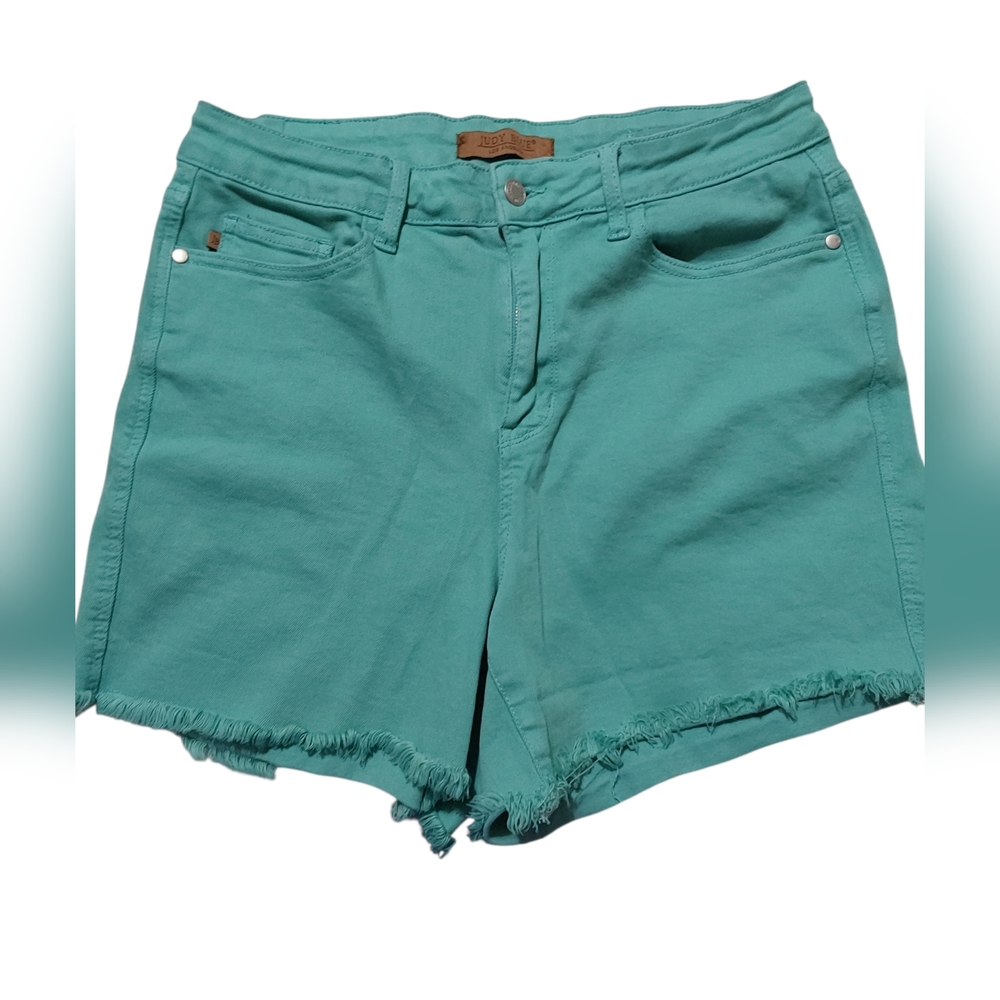Judy Blue Teal Green High-Rise Frayed Hem Jean Shorts. NWOT